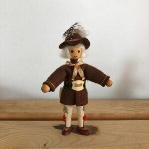 Vintage 1970s Folk Doll - Boy Figurine in Brown Coat and Hat - Collectible Gift